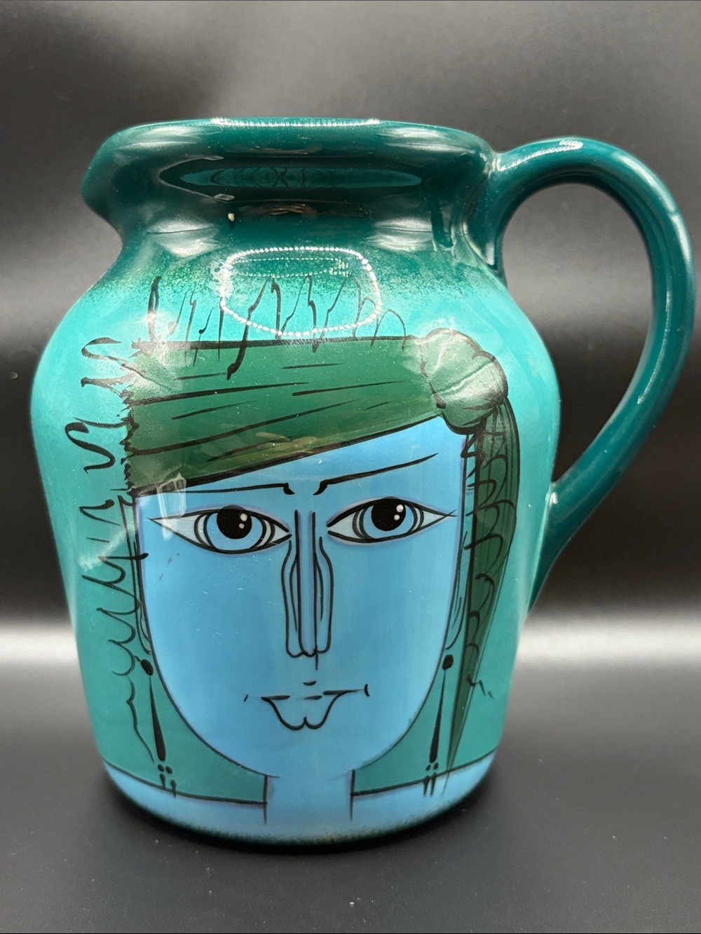 Vintage Hand Painted Artisan Costa Rican Face Figure Figural Pitcher, Blue Green
